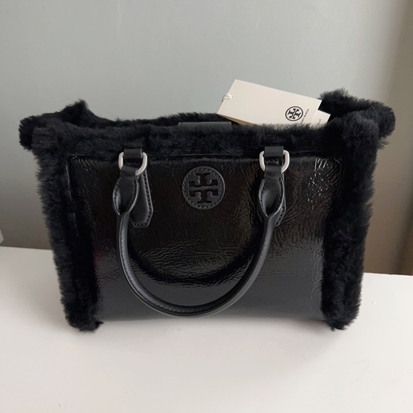 NWT Tory Burch Blake Patent Leather Shearling Small Tote Crossbody In Black - Picture 2 of 6